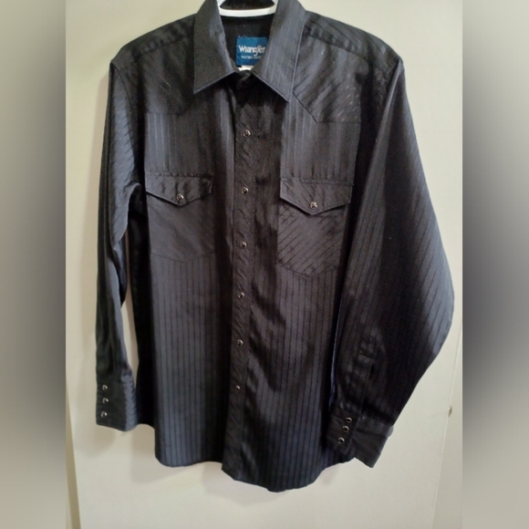 Vintage Wrangler Western Pearl Snap Shirt Men’s L Black Vertical Striped Cowboy - Picture 1 of 9